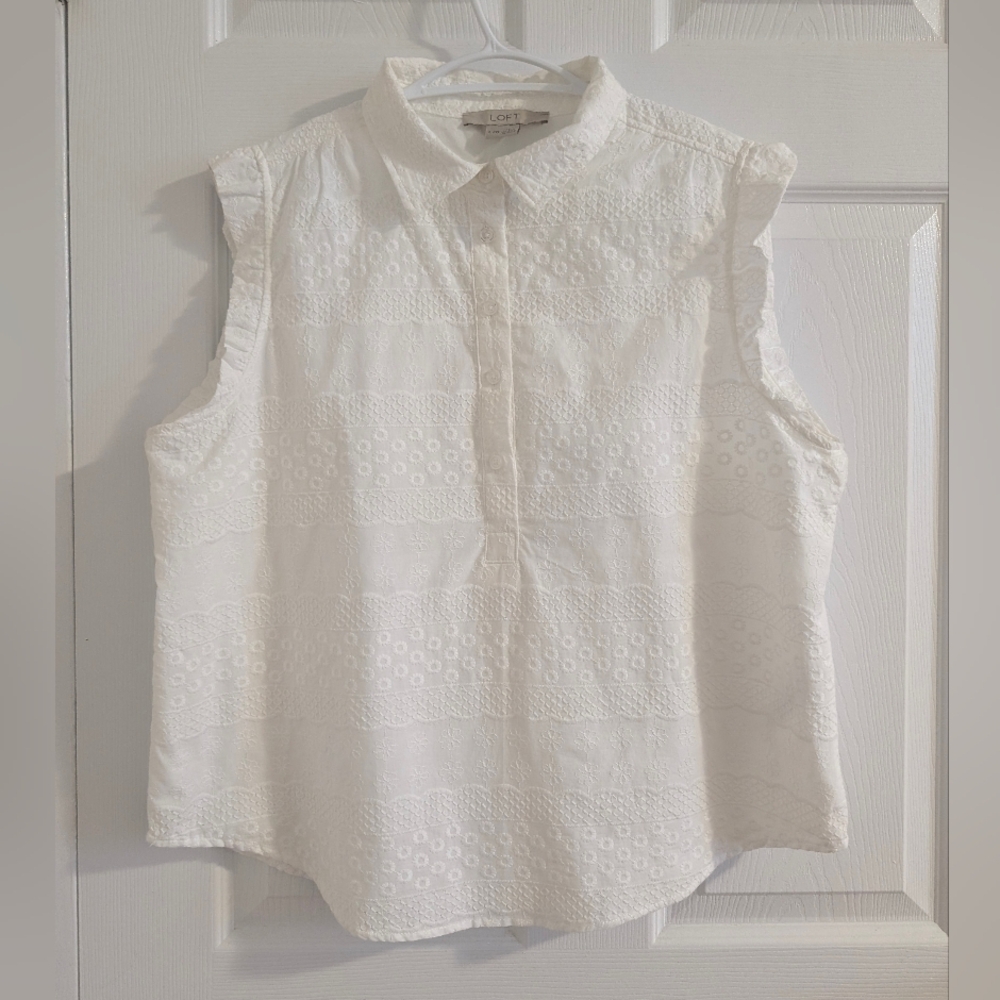 LOFT White Eyelet Sleeveless Button-Front Blouse